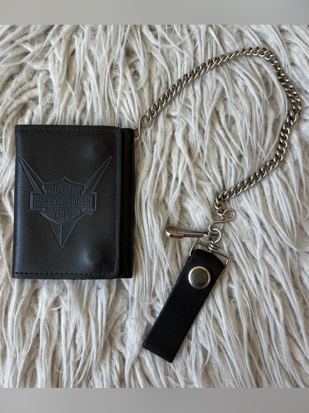 Harley Davidson Vintage 90s USA V-Twin Bar Shield Tri-Fold Leather Chain Wallet
